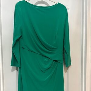 Lauren Ralph Lauren Green Sheath Shirred Detail Dress 3/4 Sl.Sz 12 Exc. Cond.
